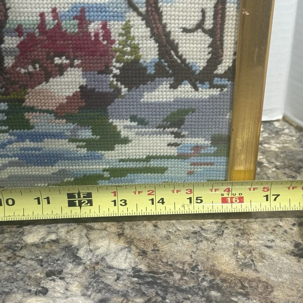 Vintage Needlepoint Framed Snow Winter Scene Red Farm House Stream Size 13 X 17